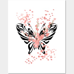 Butterfly and Sakura Design with Pink Splashes Posters and Art